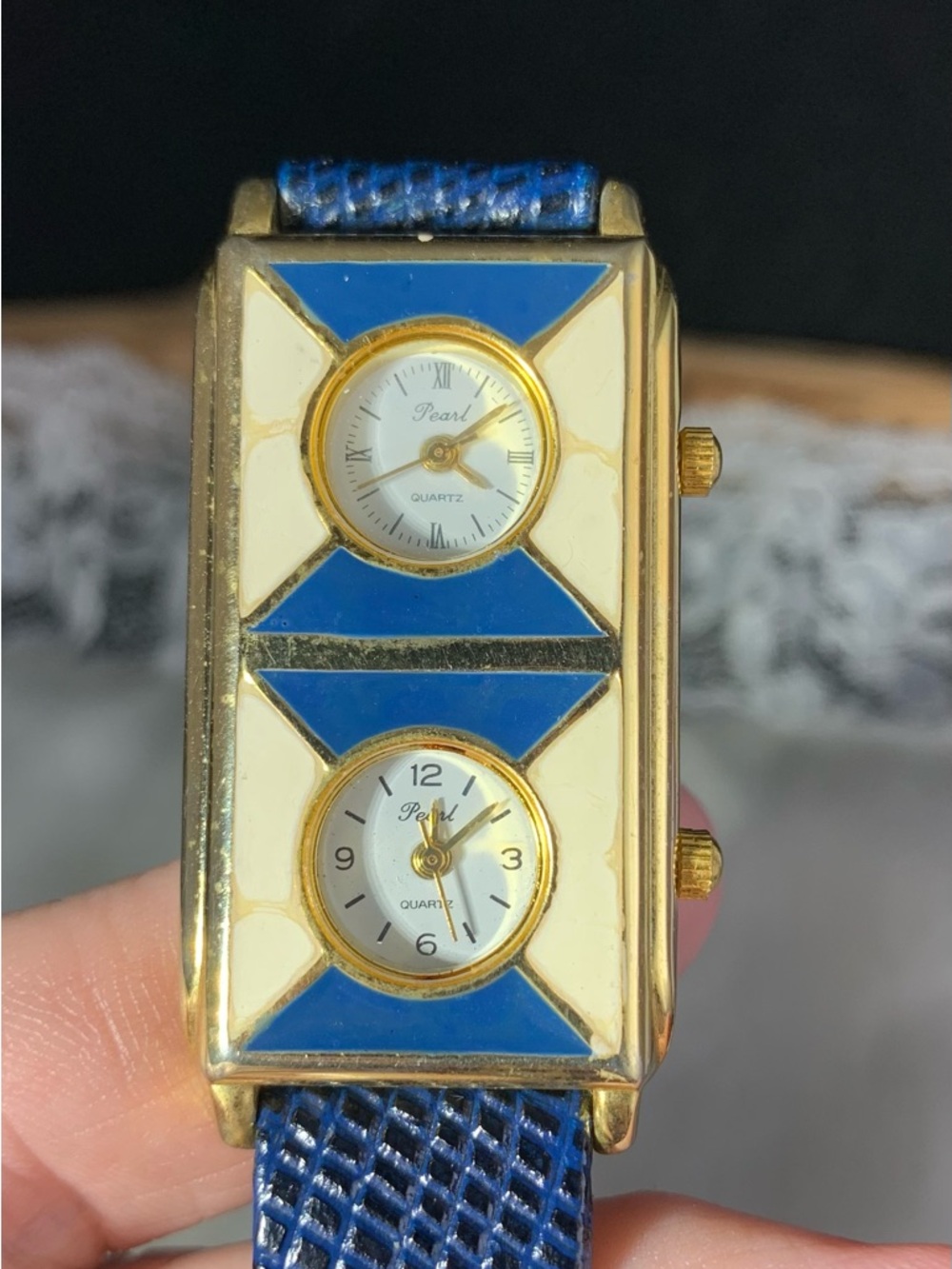 Pearl Gold-ToneDual Dial  Bracelet Watch with Blue and Cream Enamel Accents.